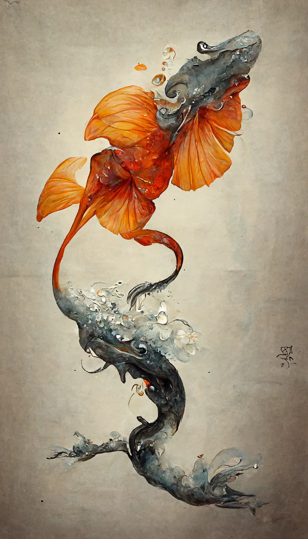 Koi Orchid Dragon in Flight :: wet --ar 9:16 --no blur bokeh defocus dof --s 3333