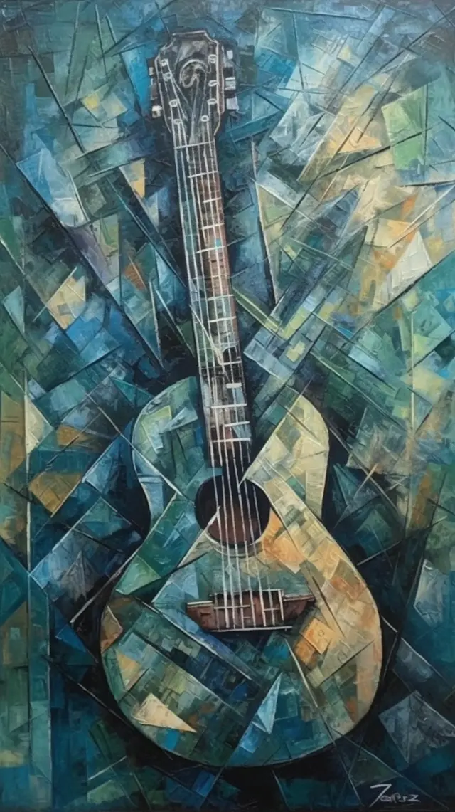 the Guitar, painting by ana sadovnikova, in the style of cubist multifaceted angles, dark green and blue, figuration libre, synchromism, machine-like precision, analytical art