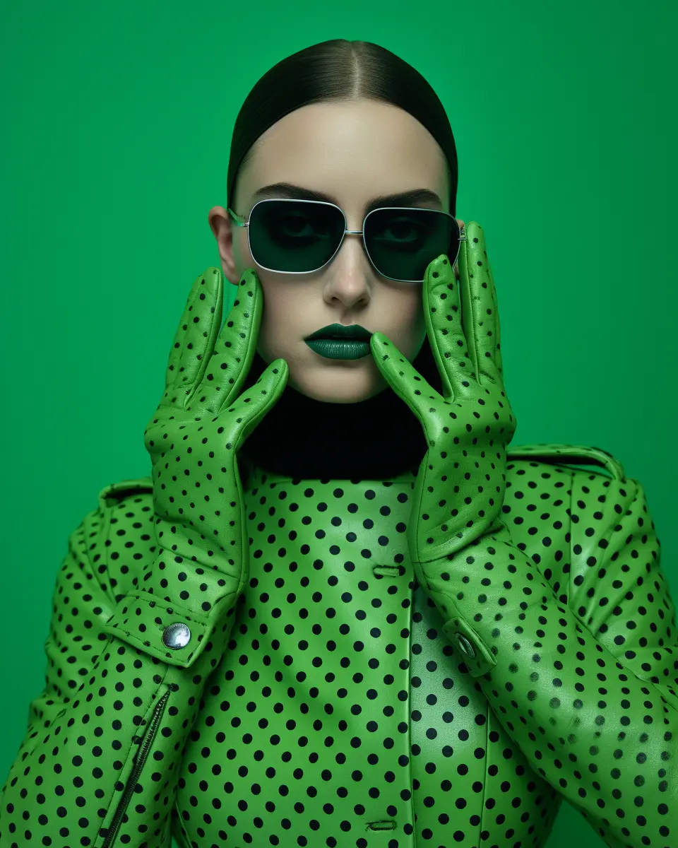 a model wearing green leather coat and gloves to style a polka dot pattern, in the style of op art optical illusion, minimal retouching, digitally enhanced, juxtaposed hues, symmetrical grid, bold contrast, rich hues,8k photography, sharpness on the face