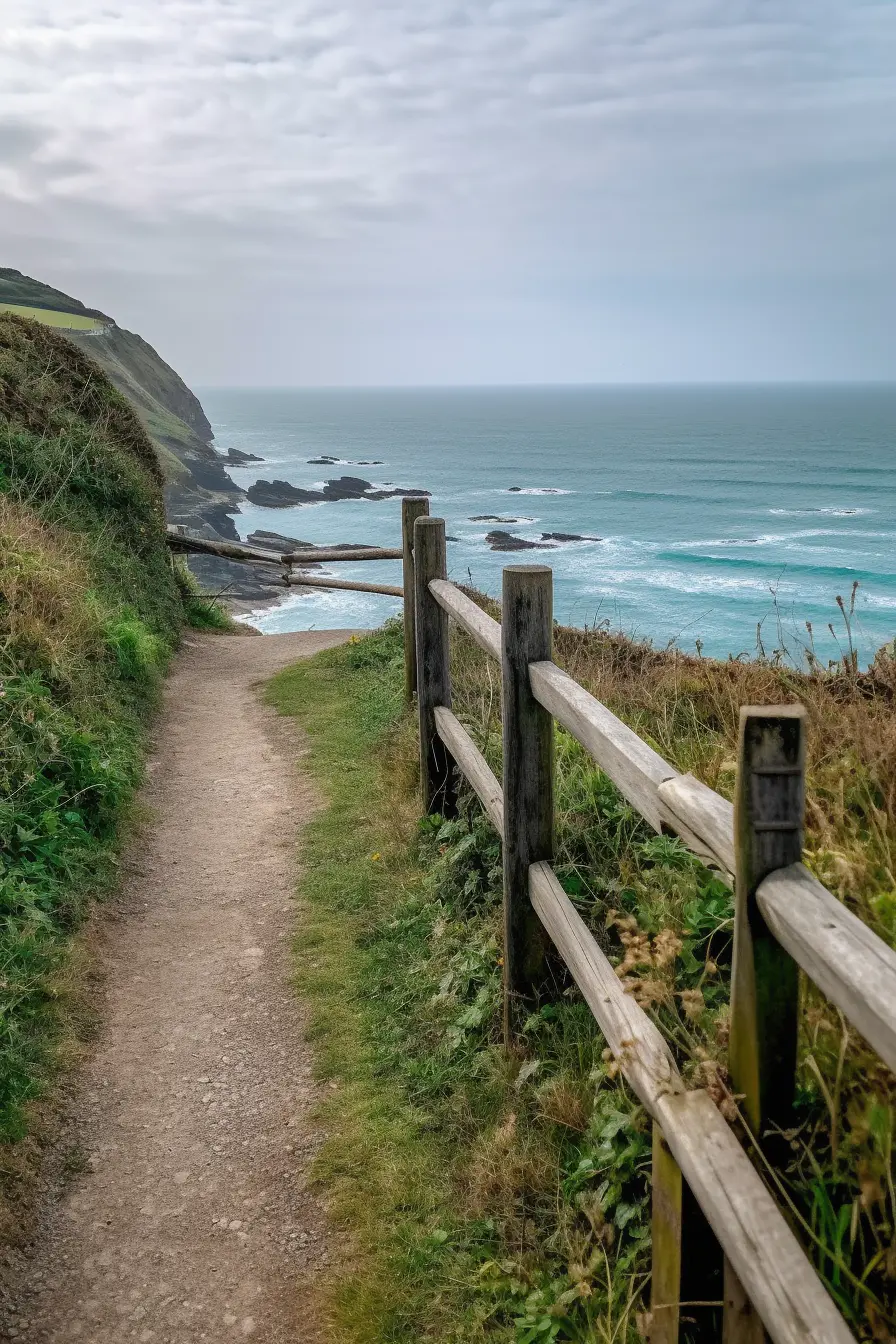 rule of thirds, a trail heading up a cliff with a fence along the side