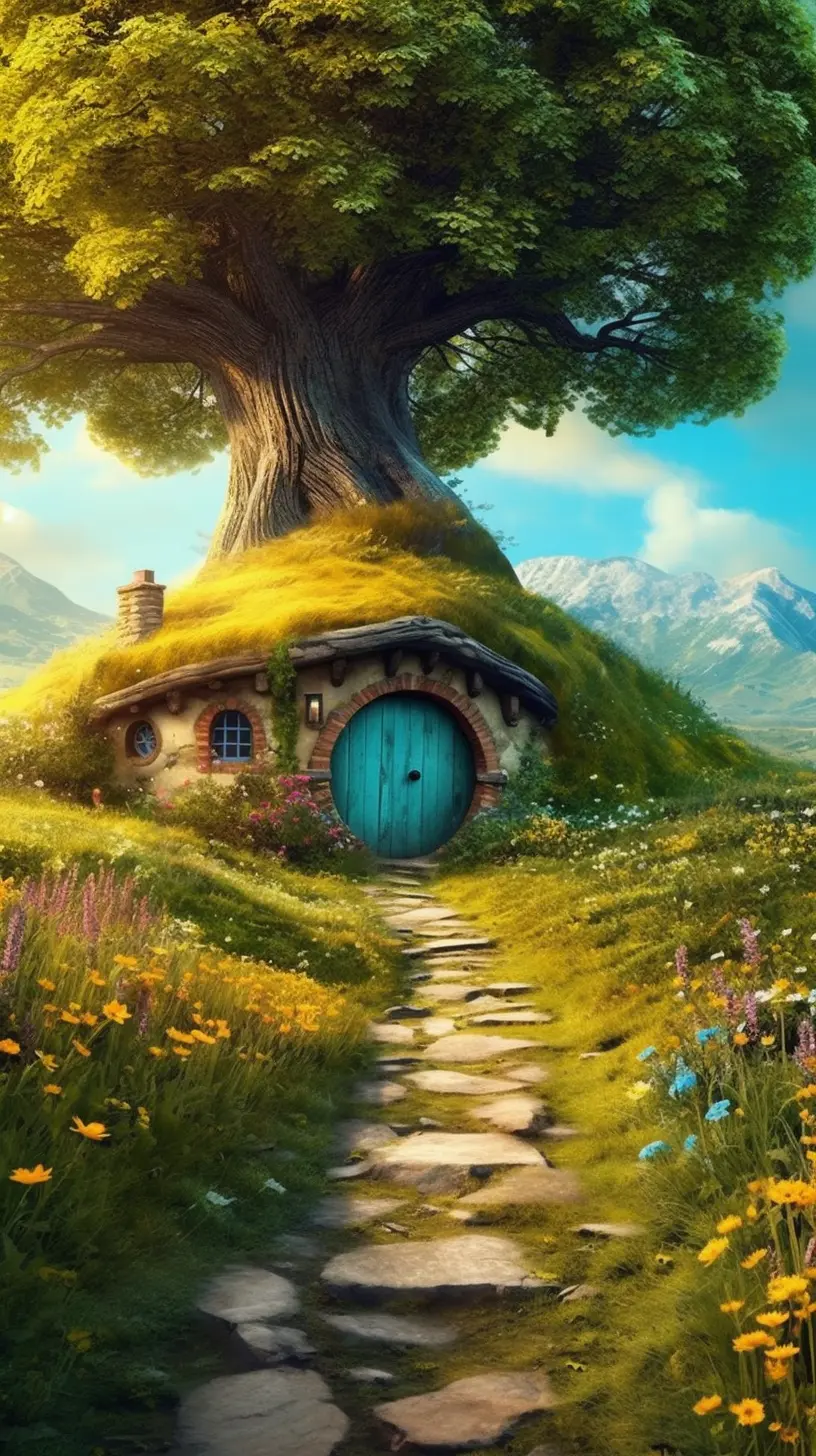 a little hobbit house is standing on a path in the middle of green grass, in the style of digital art wonders, light amber and sky-blue, grandiose color schemes, animated gifs, soft and dreamy atmosphere, colorful dreams, eerily realistic