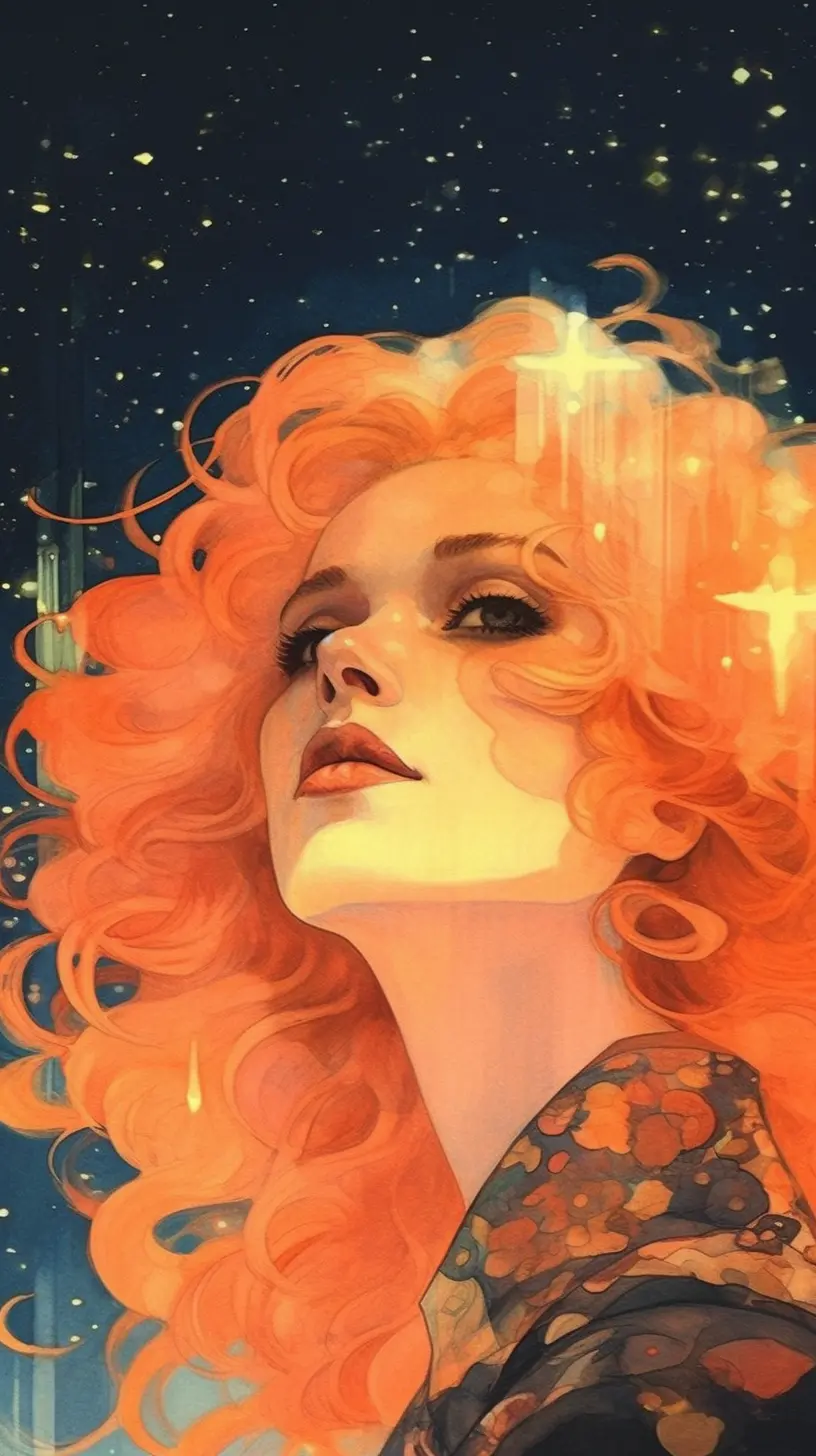 she had flames for hair and the moon in her eyes, 32k uhd, galaxypunk, led lights, neon lights, meticulous attention to detail, cinematic lighting, Coby Whitmore, Phil Noto, Klimt