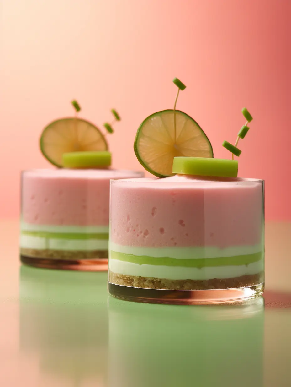 Static photography, food photography, from a distance, small mousse cakes decorated with slices, light pink and light green, fine texture, clear background, studio lighting