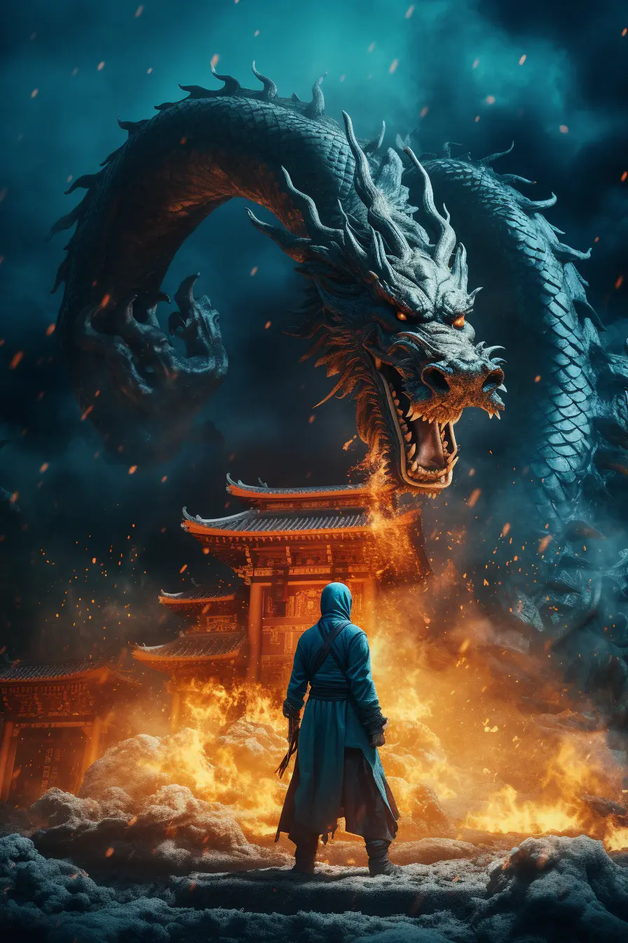 Amazing epic ancient Chinese theme in Chinese martial arts style,a warrior with a doa standing in front of a huge beautiful Azure Dragon,Dao,burning fire,martial arts style, panorama,low angle,impactful picture,dynamic expressive force,cinematic shock,realistic lighting,vivid,vibrant,8k,rich detail,artistically realistic,uhd,spring,farm,wood,rain,forest