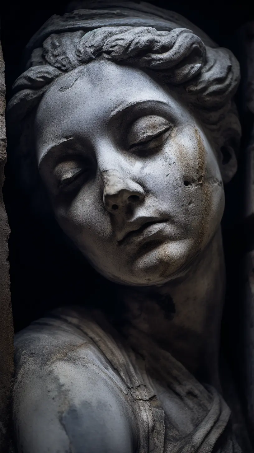 Portrait of a weathered stone statue of a woman, her face is covered with an intricate spider web