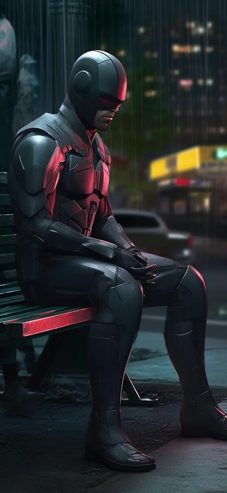 Daredevil - Marvel Universe (Earth-616) sitting on the street in front of Urban park seating , in the style of cinematic mood, photobash, dark, foreboding colors, andrzej sykut, high resolution, detailed costumes, emotional sensitivity, #1135#,